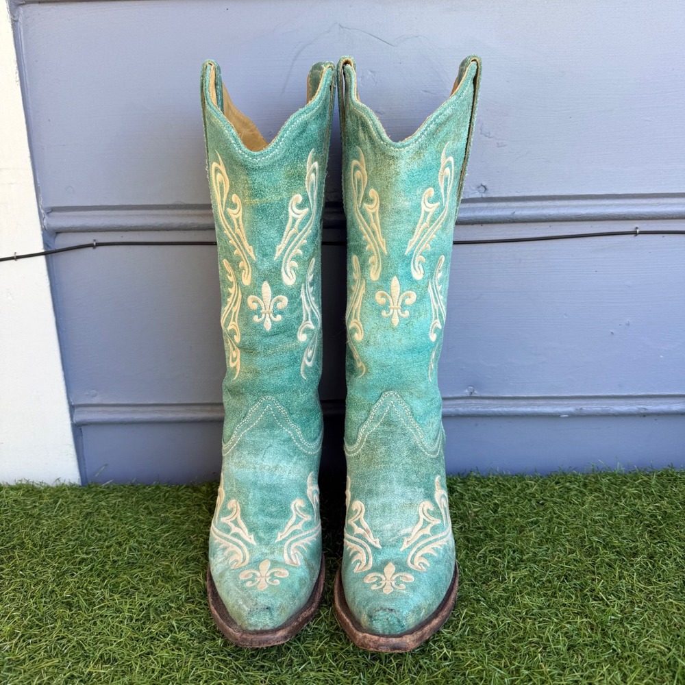 Corral Womens Turquoise Leather Embroidered Snip Toe Cowboy Boots Size 7.5 M